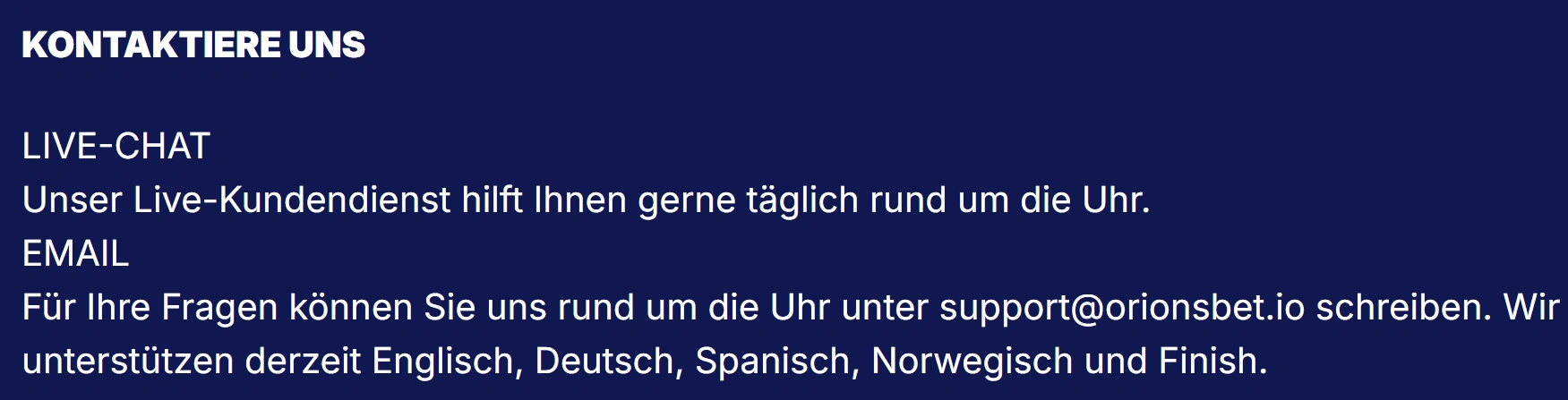 Orionsbet Casino Spieler-Support